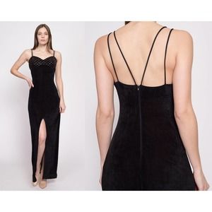 90s Slinky Black Metallic Trim High Slit Maxi‎ Dress - Medium to Large